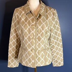 Isabella Suits Taupe & White Geometric Button front blazer w elegant piping trim